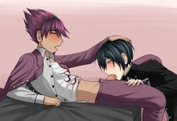 2boys ahoge blowjob blue_hair blush danganronpa danganronpa_v3 fellatio gay gripping_hair hand_on_another's_head hand_on_head low_res lowres male_only momota_kaito pants pants_down pants_pull purple_hair relaea saihara_shuuichi shuichi_saihara straight_hair tagme yaoi