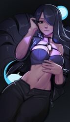 black_bra black_hair bra breasts female female_focus female_only light-skinned_female long_hair midriff nila_(telepurte) oc original_character pants smile smiling_at_viewer solo_female telepurte telepurte thighs