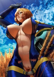 amber_(metal_slug) areola_slip blonde_hair blue_eyes breasts detailed_background helmet large_breasts metal_slug metal_slug_attack pilot_suit pussy snk toned_female