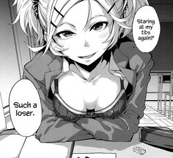 1girls black_and_white blonde_hair blush bra classroom cleavage comic english_text hairpin insult monochrome sakula small_breasts teasing text