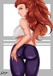 1girls aikiyun aloy ass ass_focus big_ass big_breasts breasts female female_only freckles fully_clothed green_eyes guerilla_games horizon_zero_dawn large_breasts leggings looking_at_viewer looking_back presenting presenting_hindquarters red_hair see-through see-through_clothing see-through_top sideboob solo solo_female sony_interactive_entertainment tank_top thigh_gap