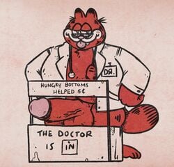 2020 anthro balls clothed clothing doctor domestic_cat english_text erection eyewear felid feline felis garfield_(series) garfield_the_cat garfoffinland genitals glasses hi_res male male_only mammal medical_instrument open_shirt overweight overweight_anthro overweight_male penis scientific_instrument shirt solo text tongue tongue_out topwear