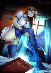 castlevania charlotte_aulin female female_only highres mobius_yang partially_clothed pointy_chin pubic_hair pussy solo stockings thighhighs