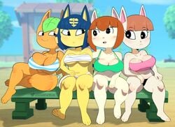 4girls adorable animal_crossing ankha anthro barefoot bench big_breasts bikini black_eyes blue_hair breasts brown_hair cleavage cute felicity_(animal_crossing) female female_only furry large_breasts merry_(animal_crossing) nintendo orange_fur somescrub tangy_(animal_crossing) thick_thighs white_fur wide_hips yellow_fur