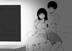 1boy 1girls bangs bare_shoulders barefoot bed breast_grab closed_mouth collarbone couple cup drinking drinking_straw female grabbing greyscale handjob holding holding_cup indoors long_hair monochrome navel original sitting sky_(freedom) television watching_television wholesome