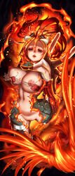 bra breasts burnt_clothes fire headgear metal_slug metal_slug_attack nipples orange_hair phoenix pointy_chin pussy snk victoria_(metal_slug)