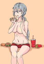 blue_eyes boxers_(clothing) breasts ensemble_stars! food grey_hair mobleoiz open_mouth rule_63 shiina_niki