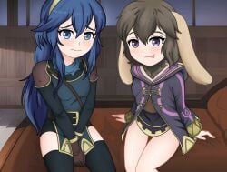 2girls :p bare_thighs blue_eyes blue_hair breasts brown_hair female female_only fire_emblem fire_emblem_awakening frown gloves indoors long_hair looking_at_viewer lucina_(fire_emblem) medium_hair monster_girl morgan_(fire_emblem) morgan_(fire_emblem)_(female) multiple_girls nervous nintendo purple_eyes rabbit_ears rabbit_girl robe sitting small_breasts smile symbol-shaped_pupils tagme taguel thighhighs thighs tiara tongue tongue_out very_long_hair