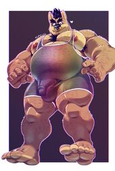 2020 absurd_res anthro armpit_hair balls balls_outline barazoku belly big_belly big_muscles black_hair body_hair border brown_body brown_fur bulge butch_(cursedmarked) canid canine canis chest_hair circumcised clothing cursedmarked domestic_dog eyebrows facial_piercing feet flaccid fur genital_outline genitals hair heart hi_res humanoid_genitalia humanoid_penis looking_at_viewer looking_down low-angle_view male male_only mammal musclegut muscular muscular_anthro muscular_male navel nipples nose_piercing nose_ring pecs penis penis_outline piercing pink_nipples purple_background quads simple_background soles solo standing thick_eyebrows tight_clothing translucent translucent_clothing white_border wrestling_singlet