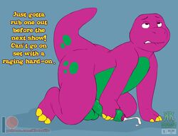 anthro balls barney_and_friends barney_the_dinosaur bodily_fluids cum dinosaur english_text foreskin genital_fluids genitals humor kneeling male masturbation multicolored_body on_ground overweight overweight_anthro overweight_male penile penile_masturbation penis reptile scalie shadowpelt simple_background solo spots teeth text thick_thighs