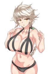 black_bra black_panties bra braid braided_ponytail breasts eyebrows_visible_through_hair female garukichi hair_ornament highres kantai_collection large_breasts looking_at_viewer navel panties ponytail short_hair underwear unryuu_(kantai_collection) white_hair yellow_eyes