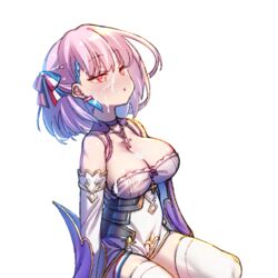 areola_slip areolae azur_lane blush braid braided_bangs breasts cleavage cross cross_necklace cum cum_on_body cum_on_breasts cum_on_clothes cum_on_hair cum_on_upper_body cutout_above_navel dress facial female french_flag jewelry large_breasts multicolored_hair nanaken_nana necklace nose_blush parted_lips pink_eyes pink_hair short_dress short_hair simple_background solo streaked_hair tartu_(azur_lane) thighhighs vichya_dominion_(azur_lane) white_background white_legwear