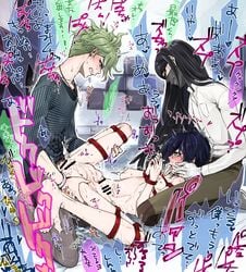 3boys anal bed bedroom black_hair blue_hair blush bondage bound censored clothed_male_nude_male clothed_on_nude clothed_sex crying crying_with_eyes_open cum danganronpa danganronpa_v3 frogtie gay green_eyes green_hair hands_in_mouth japanese_text light_skin long_hair male male_only male_penetrated malesub mask messy mmm_threesome naked pale_skin penetration piercing rantaro_amami red_rope restrained rough_sex saihara_shuuichi shinguji_korekiyo short_hair spread_legs straight_hair submissive submissive_male thigh_grab threesome tied_up tongue_out translation_request yaoi