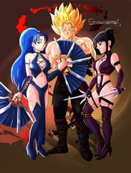 1boy 2girls black_eyes black_hair blades blonde blonde_hair blood blue_clothes blue_eyes blue_hair boots breasts bulma_briefs chichi cleavage cosplay crossover dragon_ball dragon_ball_z fans fishnets hair_bun heel_boots heels high_heel_boots high_heels human kitana_(cosplay) liu_kang_(cosplay) long_hair mileena_(cosplay) milf mortal_kombat potara_earrings purple_dress shiny shiny_skin smile smiling smiling_at_another super_saiyan sword vegito