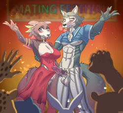 1boy 1girls 2020 abs ambiguous_gender anthro anthro_on_anthro areola areola_slip balls ballsack beastars blep blush bodily_fluids bottomwear breasts canid canine canis cleavage clothed clothing daimo dangling_testicles dress dress_aside duo_focus embarrassed erection exhibitionism faceless_ambiguous faceless_character felid female fluffy_tail foreskin frenulumless_foreskin front_view fully_retracted_foreskin genitals group hi_res humanoid_genitalia humanoid_penis intact juno_(beastars) lagomorph legoshi_(beastars) leopard leporid low_hanging_balls male mammal muscular muscular_male nipple_outline pantherine pants partially_clothed pecs penis penis_grab penis_out public_exposure pussy rabbit raised_clothing raised_shirt red_clothing red_dress scrotum straight sweat sweatdrop testicles tongue tongue_out uncut ursid vein veiny_penis wolf