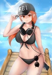 1girls ash_(rainbow_six) beach bikini black_bikini deworks fbi fbi_cap rainbow_six rainbow_six_siege red_eyes red_hair smiling smiling_at_viewer sunglasses sunglasses_removed tagme tom_clancy