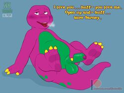 ahe_gao anthro balls barney_and_friends barney_the_dinosaur blush dinosaur english_text erection foreskin genitals humor looking_pleasured looking_up lying male male_only multicolored_body on_back overweight overweight_anthro overweight_male penis penis_grab reptile scalie shadowpelt simple_background solo solo_focus spots text tongue tongue_out