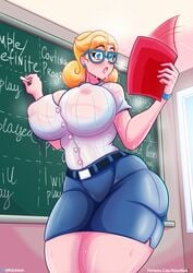 1girls areola_bulge auri_(kogeikun) big_butt blonde_hair blue_eyes book chalkboard earrings fanning_self female female_only glasses kogeikun pointy_chin see-through_clothing skirt solo sweating teacher teaching thick_thighs