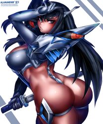 1girls 2020 alamanderarts ass big_ass big_breasts black_hair blue_eyes clothed_female e female female_only high_heel_boots high_heels junketsu kill_la_kill kiryuuin_satsuki long_hair nipples nipples_visible_through_clothing pointy_chin solo thighhigh_boots thighhighs