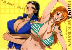 2girls big_breasts bikini bikini_top black_hair bobobo bursting_breasts cleavage eyewear_on_head female female_only fully_clothed glasses_on_head huge_breasts long_hair looking_at_viewer nami nico_robin nipple_bulge one_piece orange_hair post-timeskip striped_bikini sunglasses_on_head tattoo voluptuous