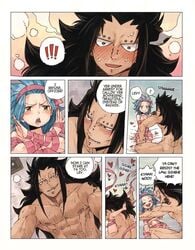 black_hair blue_hair blush fairy_tail female flustered gajeel_redfox hetero larger_male levy_mcgarden panels pink_ribbon rusky size_difference smaller_female tattoo text