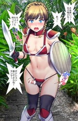 1boy adventurer androgynous armor armored_boots armpit_crease bangs bar_censor bikini bikini_armor black_legwear blonde_hair blue_eyes blush boots braid breasts censored crossdressing dialogue erection exhibitionism feet_out_of_frame femboy girly holding holding_sword holding_weapon ineffective_clothing ineffective_panties japanese_text light-skinned_male loose_clothes male male_focus male_only medium_hair navel nipple_slip nipples opebies open_mouth original otoko_no_ko penis photo_background red_bikini saigado shield shiny shiny_hair shiny_skin shocked_expression shoulder_armor shoulder_pads signature sissy small_breasts solo solo_male sound_effects speech_bubble stomach sweatdrop swept_bangs swimsuit sword thighhighs thighs translated trap wardrobe_malfunction warrior weapon wide_hips wooden_shield