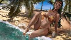 1girls amber_eyes beach beer beer_can belly bikini black_hair curvy dark-skinned_female emerald_weapon_(artist) female gold_bikini golden_bikini large_breasts navel original original_character palm_tree pool seaside