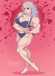 abs barefoot bikini bleedingpervert breasts busty cleavage dorohedoro female large_breasts muscles muscular muscular_female noi_(dorohedoro) pointy_chin pose red_eyes silver_hair smile solo