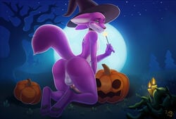 anthro ass balls branch candle candle_wax candlelight candlestick canid canine choker clothing ears_back essien feet food fox fruit fur genitals green_eyes halloween hat headgear headwear hindpaw holidays jewelry knot light male mammal moon moonlight necklace night pawpads paws penis pivoted_ears plant presenting presenting_hindquarters pumpkin purple_body purple_fur solo star thorns tree vines wand witch_hat