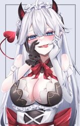 alternative_costume big_breasts blue_eyes blush bow bowtie breasts cleavage demon_girl demon_horns demon_tail dress elbow_gloves gloves hands_on_face licking_lips maid maid_headdress red_horns solo succubus tongue_out tsune_(tune) underwear upper_body veibae virtual_youtuber vshojo white_background white_hair