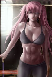 1girls abs axe bra female fire_emblem fire_emblem:_three_houses hilda_valentine_goneril lepypepy lips long_hair looking_at_viewer muscles muscular muscular_female nintendo nipple_bulge pink_eyes pink_hair solo sweat sweatdrop twintails weapon