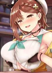 1boy armpits atelier_(series) atelier_ryza atelier_ryza_2 blush braid breast_squeeze breasts brown_eyes brown_hair cum earrings female gloves hair_ornament hairclip hat highres jewelry large_breasts open_mouth paizuri paizuri_under_clothes partly_fingerless_gloves penis reisalin_stout shirt short_hair sleeveless sleeveless_jacket sweat uni8 white_headwear