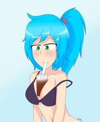 big_breasts blue_hair drink_on_breasts drinking green_eyes original_character sole_female