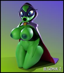 3d 3d_(artwork) areola areolae big_breasts blue_eyes boobs breasts cape female female_only green_areola green_body green_shadow_(pvz) green_skin happy leaf lewdman2 looking_at_viewer mask naked nipples peashooter_(pvz) plant plant_girl plantie plants_vs_zombies plants_vs_zombies:_heroes simple_background solo solo_female thick_thighs tits