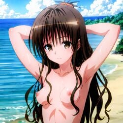 ai_generated beach breasts brown_eyes brown_hair hentai_world nipples sea seaside to_love-ru topless yuuki_mikan