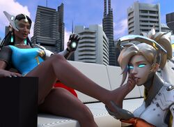 3d barefoot blonde_hair blue-tinted_eyewear city dais1984 dark-skinned_female dark_skin earrings foot_fetish foot_lick foot_worship glowing glowing_eyes hypnosis interracial licking licking_foot mercy mind_control nail_polish overwatch prosthetic prosthetic_arm symmetra tagme tinted_eyewear toenail_polish tongue tongue_out visor yuri