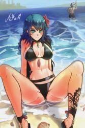 1girls artkos19 bare_legs beach bikini black_bikini black_swimsuit blush byleth_(fire_emblem) byleth_(fire_emblem)_(female) byleth_(summer)_(fire_emblem)_(female) female fire_emblem fire_emblem:_three_houses fire_emblem_heroes flower flower_in_hair gatekeeper_(fire_emblem) green_eyes large_breasts looking_at_viewer nintendo partially_submerged red_flower sandals seaside sideboob sitting solo solo_focus spread_legs swimsuit teal_hair thick_thighs thighs water