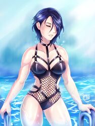 big_breasts blue_hair closed_eyes female female_focus female_only fire_emblem fire_emblem:_three_houses hakuramen nintendo pool shamir_nevrand short_hair solo solo_female solo_focus swimsuit thick_thighs thighs wet wet_body