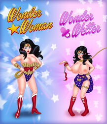 abdl adapted_costume alternate_costume armband big_breasts black_hair blue_eyes blush boots breasts character_name dc_comics diaper earrings fuzzy_handcuffs handcuffs headband kneehighs lasso lasso_of_truth messy_diaper nipples red_lips red_lipstick scat socks soiling star_(symbol) topless transformation used_diaper wishberri wonder_woman wonder_woman_(series)