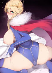 1girls ahoge artoria_pendragon artoria_pendragon_(lancer) ass bed_sheet big_ass big_breasts blonde_hair blue_gloves blue_legwear blue_leotard blush braid breasts breasts_out cameltoe cape cross crown elbow_gloves enosan eyebrows_visible_through_hair eyes_visible_through_hair fate/grand_order fate_(series) female female_only french_braid fur-trimmed_cape fur_trim gloves green_eyes hair_between_eyes highres large_breasts leotard leotard_pull long_hair looking_at_viewer looking_back nipples pussy_juice pussy_juice_puddle red_cape sidelocks skindentation solo spread_legs squatting sweat thighhighs