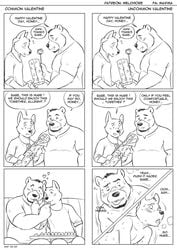 2020 ahe_gao anthro anthro_on_anthro black_and_white blush canid canine clothed clothing comic couple_(romantic) dialogue dildo double_dildo duo english_text facial_hair furniture goatee heart hi_res holidays looking_pleasured male male/male mammal maxima maxima_(artist) monochrome romantic_ambiance romantic_couple sex_toy shirt sitting sofa text tongue tongue_out topwear ursid valentine's_day