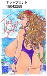 ass backboob background beauty_mark big_breasts blonde_hair blue_eyes bracelet breasts earrings eyeshadow female flower_in_hair gigantic_breasts green_eyes huge_breasts large_breasts long_hair looking_at_viewer looking_back ocean one-piece_swimsuit rings sagging_breasts suzuki_kenya swimsuit titty_morgane_(suzuki_kenya) top_heavy topless