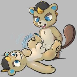 absurd_res animal_crossing anthro backwards_hat badipoki balloon balloon_fetish balloon_with_face balls beaver beaver_tail blue_eyes bodily_fluids buckteeth c.j._(animal_crossing) clothing duo english_text freckled_face freckles genitals hat head_tuft headgear headwear hi_res humanoid_genitalia humanoid_penis inflatable male male/male mammal motion_lines nintendo pawpads penetration penis rodent selfcest sex sound_effects square_crossover sweat sweatdrop teeth text tuft