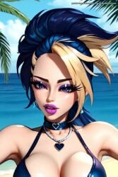 ai_generated akali attitude bare_shoulders beautiful bimbo bimbo_lips blue_eyes close-up close_up collarbone cute cute_face dark_hair eyebrows eyelashes eyeshadow fake_breasts freckles k/da_akali k/da_all_out_series k/da_series league_of_legends makeup mastarblastar medium_breasts multicolored_hair necklace ponytail pose posing posing_for_the_viewer purple_lipstick round_breasts selfie selfie_pose smile smiling smiling_at_viewer smug smug_face tagme talking talking_to_viewer tropical video