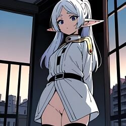 1girls ai_assisted ai_colored ai_generated anime arms_behind_back belt bottomless cameltoe colored elf elf_ears frieren frieren_beyond_journey's_end girls_only gradient_background image indoor indoors inside_view looking_at_viewer no_panties no_underwear pigtail pigtails pov pussy standing staring staring_at_viewer thighhighs white_coat white_hair