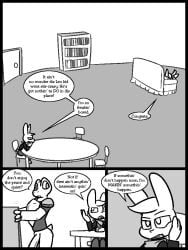 2025 2_horns amphibian anthro armor big_penis bookshelf bottomless breastplate caspar_(ultilix) casual_nudity clothed clothing comic demon door english_text frog furniture genitals greyscale group hair horn inside jacket kerchief lagomorph leporid lying male mammal monochrome motion_lines on_back open_clothing open_jacket open_topwear penis rabbit raised_hand shirt short_tail shoulder_pads sitting sofa spade_tail table tail text to-be-named-later topwear trio ultilix wes_(ultilix)