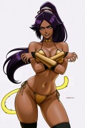 1girls 2d bikini bleach dark-skinned_female dark_skin digital_media female female_only gold_bikini gold_nail_polish gold_nails golden_bikini golden_week long_hair micro_bikini prixmal purple_hair shihouin_yoruichi solo yellow_eyes