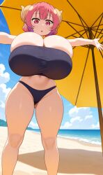ai_generated beach bikini curvy dragon_horns huge_breasts ilulu_(dragon_maid) long_hair miss_kobayashi's_dragon_maid pink_eyes pink_hair thick_thighs twintails