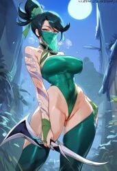 2d ai_generated akali big_breasts breasts female female_focus female_only highleg highleg_leotard league_of_legends leotard masked mouth_mask night ponytail solo solo_female solo_focus tagme thighhighs