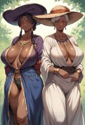 2girls ai_generated big_breasts big_hips black_hair breasts dark-skinned_female dark_skin female gypsy milf milfs open_clothes panties white_hair